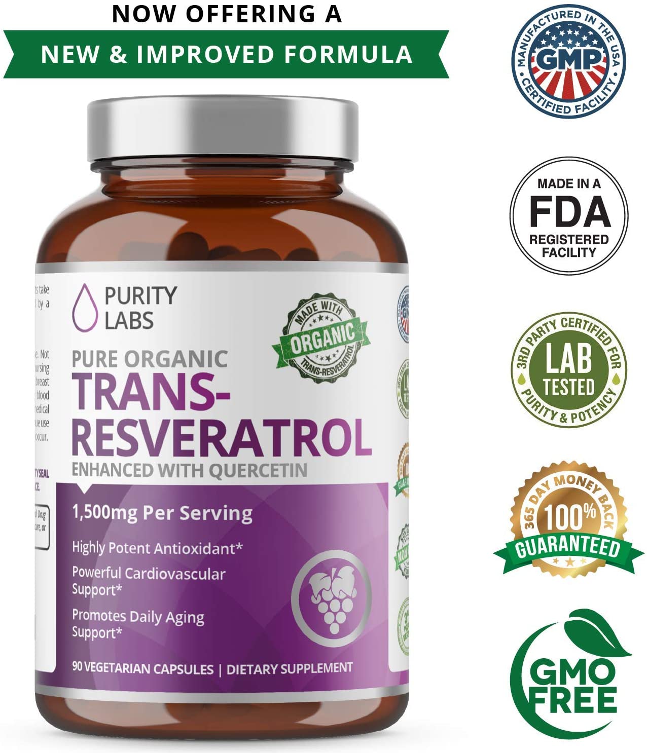 Organic Trans-Resveratrol 1,500MG Enhanced with Quercetin